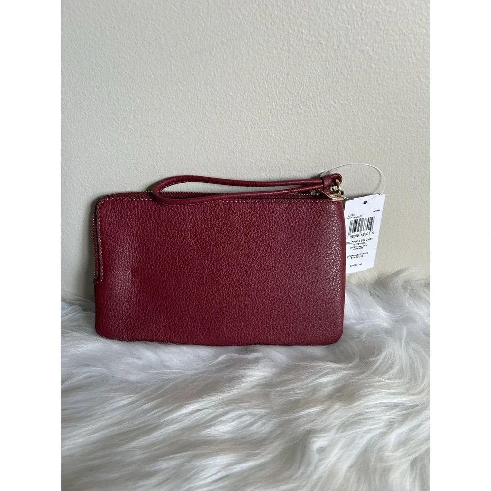 Coach Double Zip Wallet Tan Multi Canvas Leather Wristlet NEW